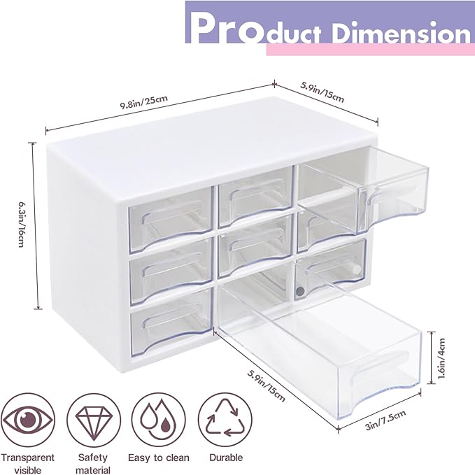 Desk Storage Organizer with 9 Drawers, FODIENS Stackable Desktop Craft Drawer Cabinet, Clear Storage Box Caddy for Makeup Jewelry Office Craft Supplies (9.84×6.3×5.9in)