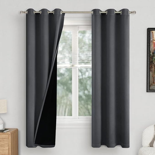 Dark Grey Blackout Curtains 72 Inch Length 2 Panels Set for Living Room, Thermal Insulated 100% Light Blocking Soundproof Grommet Window Curtains for Bedroom with Black Liner, Each 42 Inch Wide