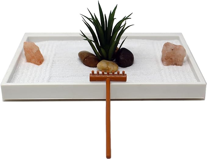 Nature's Mark Mini Zen Garden Kit for Desk with White Sand, Rake, White Base, Salt Rock and Air Plant (Rectangle)