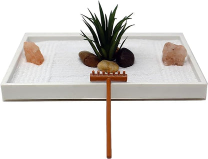 Nature's Mark Mini Zen Garden Kit for Desk with White Sand, Rake, White Base, Salt Rock and Air Plant (Rectangle)