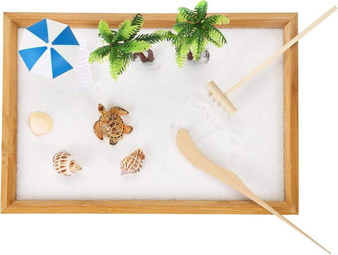 Japanese Zen Garden for Desk, Mini Small Beach Zen Garden Kit for Desk, Meditation Accessories Desktop Sandbox, Relaxing Claiming Gift for Man Women, White Sand with Wooden Tray, Z metnal, Not a Toy