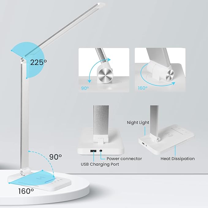 LED Desk Lamp with Night Light, Fast Wireless Charger, USB Charging Port, 10 Brightness, 5 Color Modes, Dimmable Bedside Table Lamp for Bedroom, Touch Control, Auto Timer, 1200Lux Super Bright