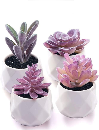 CADNLY Fake Succulent Plant Set - Artificial Succulent Plants for Women Desk - Realistic Faux Succulents in Ceramic Pots - Mini Purple Succulent Decor for Bedroom Bathroom Office Shelf Decor