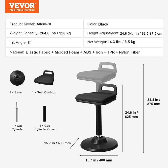 VEVOR Active Chair with Handle, Height-Adjustable (24.6-34.4") Wobble Chair Made of Elastic Fabric & 45 mm Foam, Ideal for Schools, Office and Home, 8° Tilt Angle, Age 12-18, Black