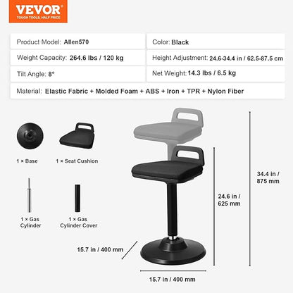 VEVOR Active Chair with Handle, Height-Adjustable (24.6-34.4") Wobble Chair Made of Elastic Fabric & 45 mm Foam, Ideal for Schools, Office and Home, 8° Tilt Angle, Age 12-18, Black