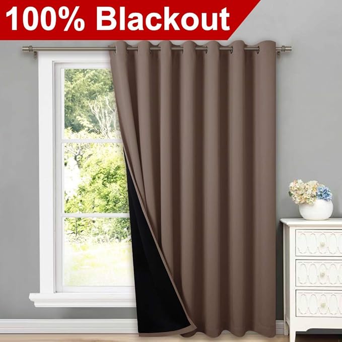 NICETOWN Thermal Insulated 100% Blackout Curtain, Noise Reducing Performance Grommet Slider Curtain with Black Lining, Full Light Blocking Patio Door Panel (Cappuccino, 1 PC, 100 inches x 84 inches)