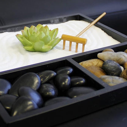 Nature's Mark Mini Zen Garden Kit for Desk with Rake, White Sand, Lotus Figure, 3 Sections Black Square Base, River Rocks and Black Rocks (9Lx9W C)