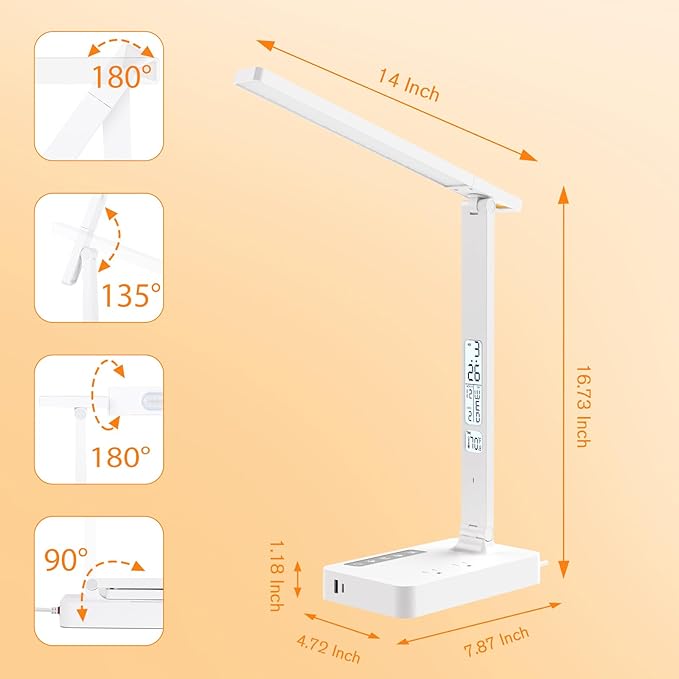 LAOPAO Desk Lamp with USB Charging Port: Power Strip with Surge Protection - 1 Type-C, 1 USB-A Charging Port, 2 AC Power Outlets, Desk Lamps for Home Office College Dorm Room Essentials