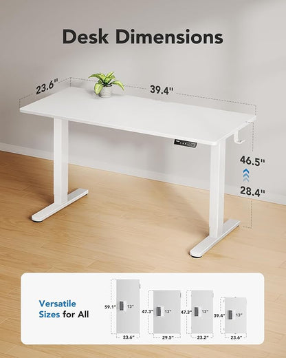 HUANUO Electric Standing Desk, 40" x 24" Whole Piece Desktop, Adjustable Height Computer Desk, 4 Height Memory Settings, Sit Stand Up Desk for Home Office, White