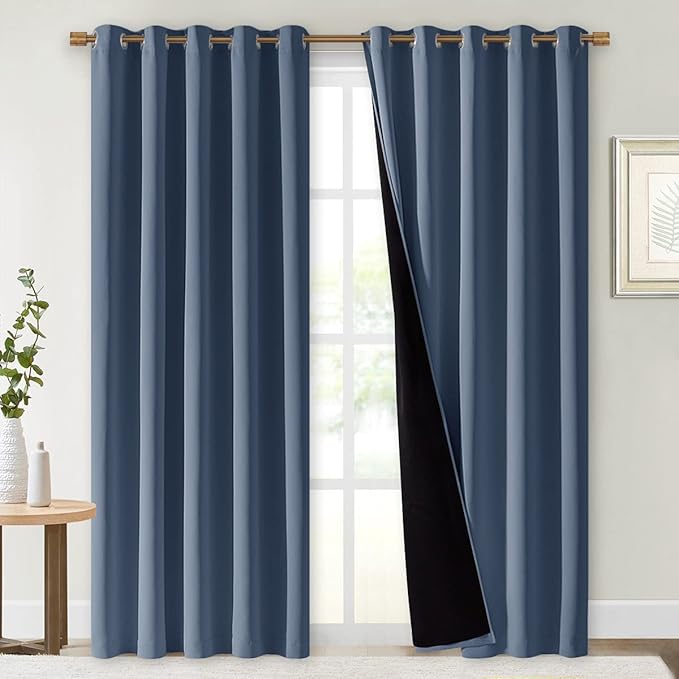 NICETOWN 100% Blackout Curtains 84 inches Long, Pair of Energy Smart & Noise Blocking Out Drapes for Baby Room Window, Thermal Insulated Guest Room Lined Window Dressing (Stone Blue, 70 inches Wide)