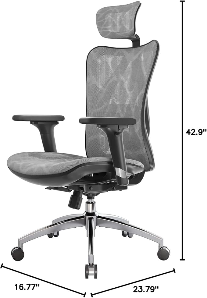 SIHOO M57 Ergonomic Office Chair with 3 Way Armrests Lumbar Support and Adjustable Headrest High Back Tilt Function Grey