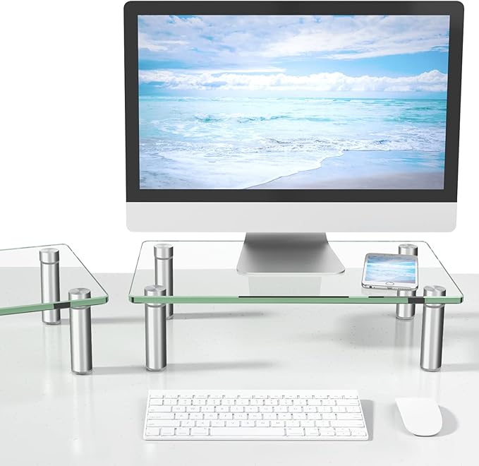 Rfiver Dual Glass Monitor Stand Riser, 2 Pack Computer Monitor Riser, Clear Monitor Stand for Desk, Create More Storage Space Under for Screens/Laptops/Printers