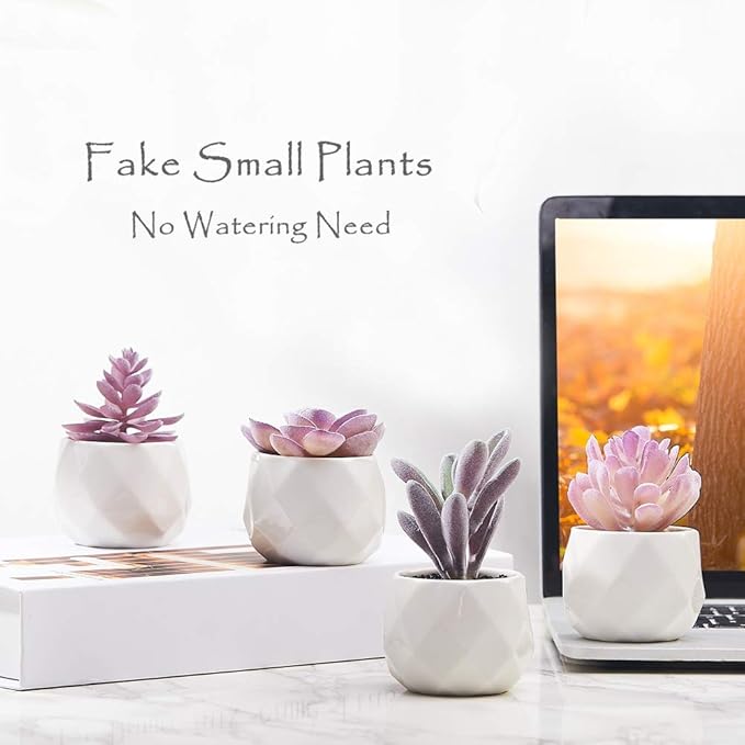 CADNLY Fake Succulent Plant Set - Artificial Succulent Plants for Women Desk - Realistic Faux Succulents in Ceramic Pots - Mini Purple Succulent Decor for Bedroom Bathroom Office Shelf Decor