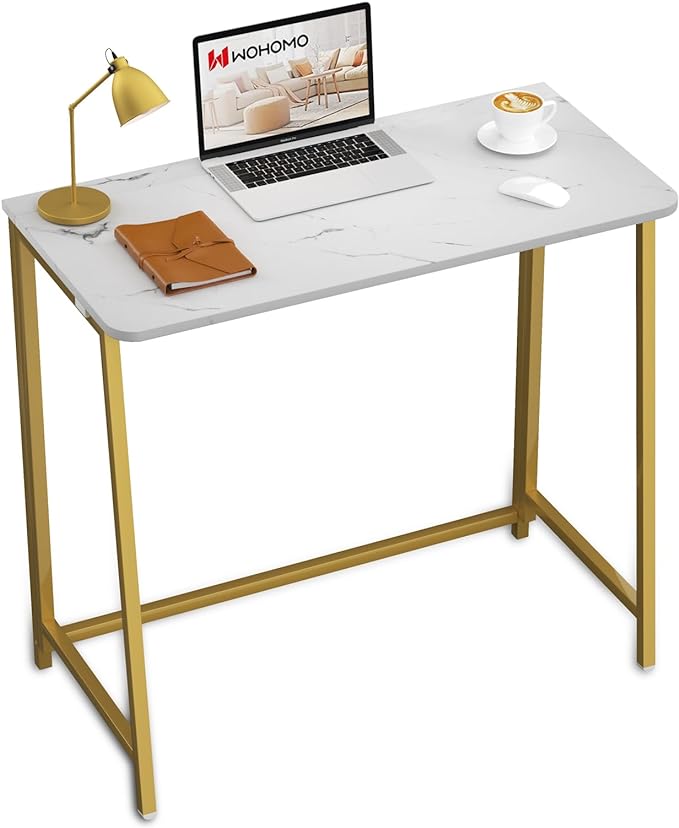 WOHOMO White Marble Folding Desk, 31.5" Small Desk for Small Spaces with Gold Legs, Easy Assemble Foldable Computer Desk, Mini Portable Working Table for Home Office, White and Gold