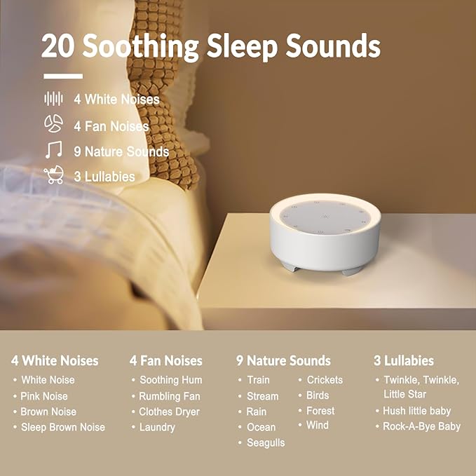 Kipcush Sound Machine & Night Light for Adults, Baby, Kids. White Noise Machine with 20 Soothing Sleep Sounds. Small Size & Portable Design for Bedroom, Office, Travel. Favorites Buttons, Timer