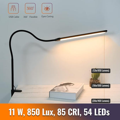 LED Desk Lamp with Clamp, Clamp Light, Tall Desk Lamp with Long Gooseneck, 11W, 850 LMS, 3 Color Modes, 10 Brightness Levels, Eye-Caring, Clip on Desk Light for Reading, Home, Office