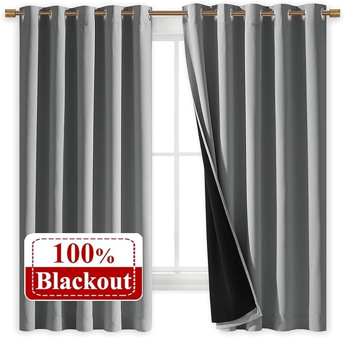 NICETOWN 100% Blackout Curtains with Black Liners, Thermal Insulated Full Blackout 2-Layer Lined Drapes, Energy Efficiency Window Draperies for Bedroom (Silver Grey, 2 Panels, 70-inch W by 63-inch L)