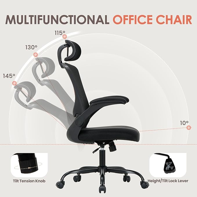 Ergonomic Mesh Office Chair, High Back Executive Desk Chair with Adjustable Headrest and Lumbar Support, Flip-Up Arms, Rocking, Swivel Rolling Computer Mesh Chair for Home Office-All Black