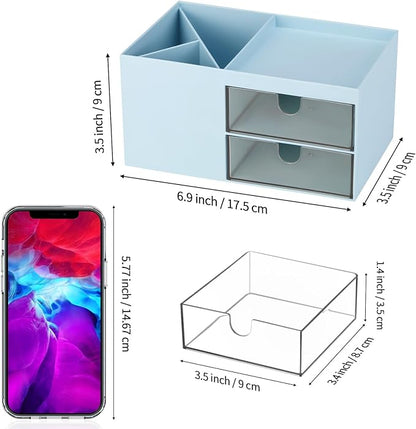 LETURE Office Desk Organizer with drawer, Office Supplies and Desk Accessories, Business Card/Pen/Pencil/Mobile Phone/Stationery Holder Storage Box (Blue)