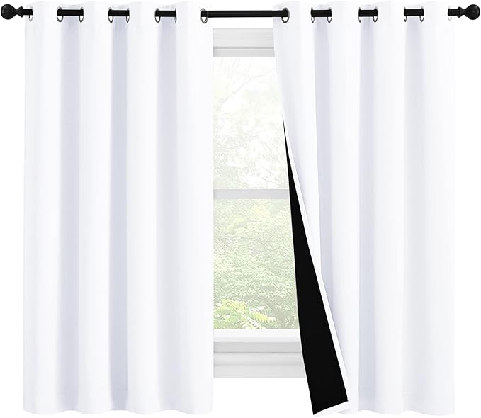 NICETOWN 100% Blackout Curtains 57 inches Long, Double-Deck Completely Blackout Window Treatment Thermal Insulated Lined Drapes for Small Window (White, 1 Pair, 55 inches Width Each Panel)