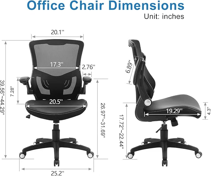 Office Chair Ergonomic Desk Chair, Computer PU Leather Home Office Desk Chair, Mesh Adjustable Lumbar Support Flip-up Armrests Executive Task Chair