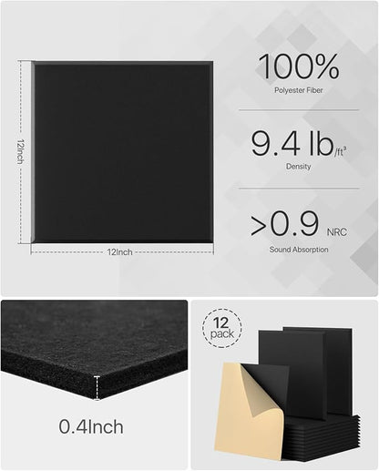 Acoustic Panels Self-Adhesive, Soundproof Wall Panels Square, High Density Sound Absorbing Panel, Sound Proof Panels for Walls Home Office, Reccording Studio, Ceiling 12" X 12" X 0.4" Black