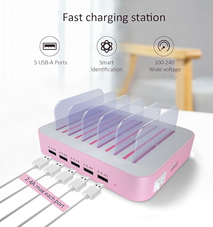 USB Charing Station Dock, 5 Port Charging Station with 7 Short Mixed Cables, for Women, Mother, Girl, Girlfriend, Designed for iPhone iPad Cell Phone Tablets and Other Electronics, Light-pink