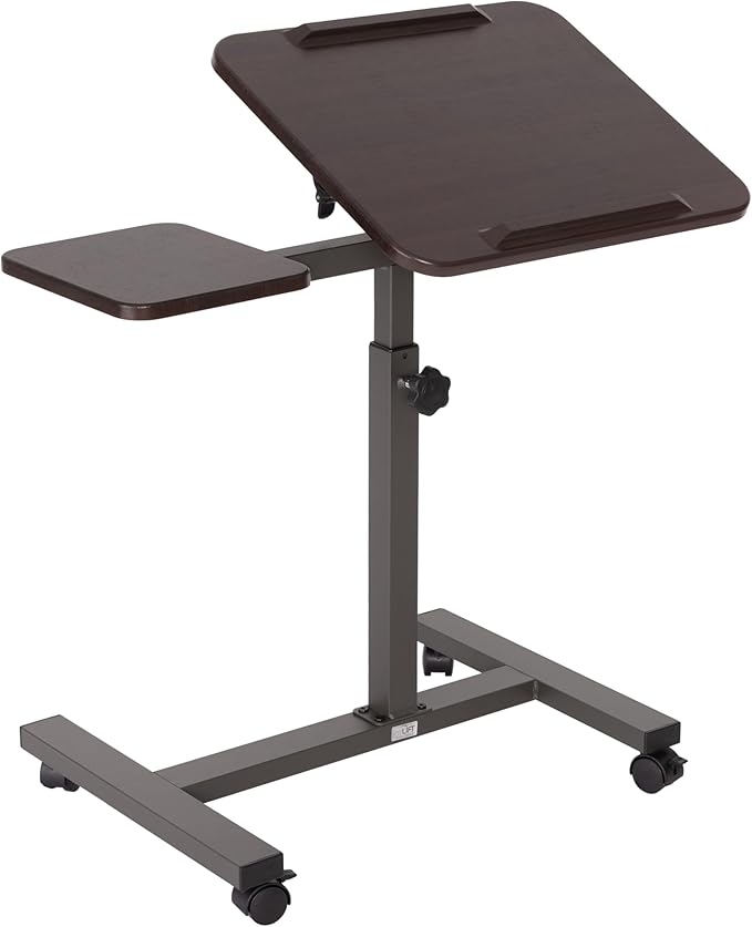 Seville Classics Airlift Height Adjustable Mobile Rolling Laptop Cart Computer Workstation Desk Home, Office, Classroom, Hospital, w/Wheels, Tilt w/Side Table (28") (New Model), Walnut