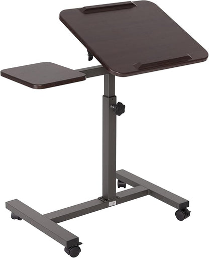 Seville Classics Airlift Height Adjustable Mobile Rolling Laptop Cart Computer Workstation Desk Home, Office, Classroom, Hospital, w/Wheels, Tilt w/Side Table (28") (New Model), Walnut