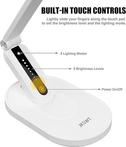 JKSWT Desk Lamp, for Eye Care, Dimmable Table Lamp with 5 Colour Modes, 72 LEDs with USB Charging Port, Touch Control and Memory Function, Office Lamp