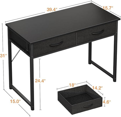 ODK 40 Inch Small Desk with Fabric Drawers- for Bedroom, Black Study Desk with Storage, Home Office Computer Desk for Small Spaces, Modern Work Writing Kids Table, Black