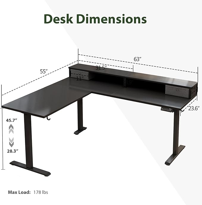 Agilestic L Shaped Electric Standing Desk with 2 Drawers, 63 Inch Ergonomic Adjustable Height Desk with Storage, Corner Desk Sit Stand up Computer Table for Work Office Home, Black