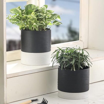 Nihow Self Watering Plant Pot: 6 Inch Ceramic Planter with Drainage Hole & Water Storage Plus for Indoor & Outdoor Plants - Cylinder Round Flower Pot for Succulent/Herbs/Violets - Black & White