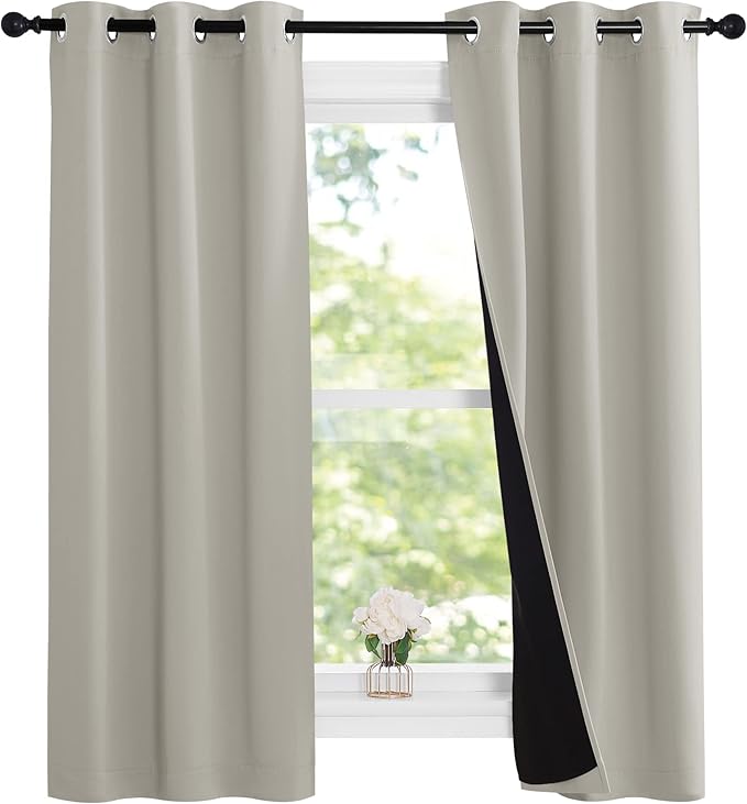 NICETOWN Natural 100% Blackout Lined Curtains, 1 Pair, 37" Width x 60" Length Each Panel, 2 Thick Layers Narrow Wide Window Treatment Panels Thermal Insulated Drapes for Kitchen Small Window