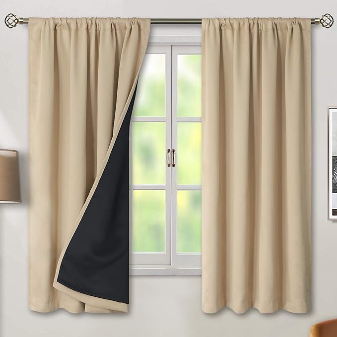 BGment Thermal Insulated 100% Blackout Curtains for Bedroom with Black Liner, Double Layer Full Room Darkening Noise Reducing Rod Pocket Curtain (52 x 63 Inch, Beige, 2 Panels)