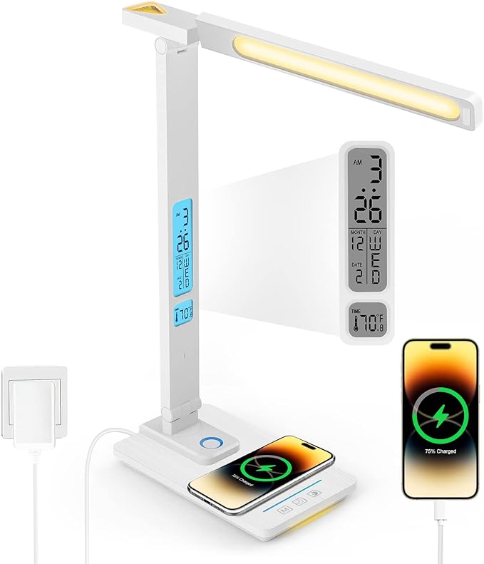 LED Desk Lamp with Wireless Charger: Desk Lamps for Home Office Bedroom, 5 Color Modes & Brightness Dimmable, 2 Night Light