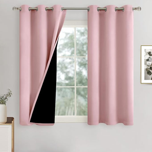 Baby Pink Blackout Curtains for Girls Bedroom 45 Inch Length 2 Panels Set, Thermal Insulated 100% Light Blocking Soundproof Grommet Window Curtains for Nursery with Liner, Each 42 Inch Wide