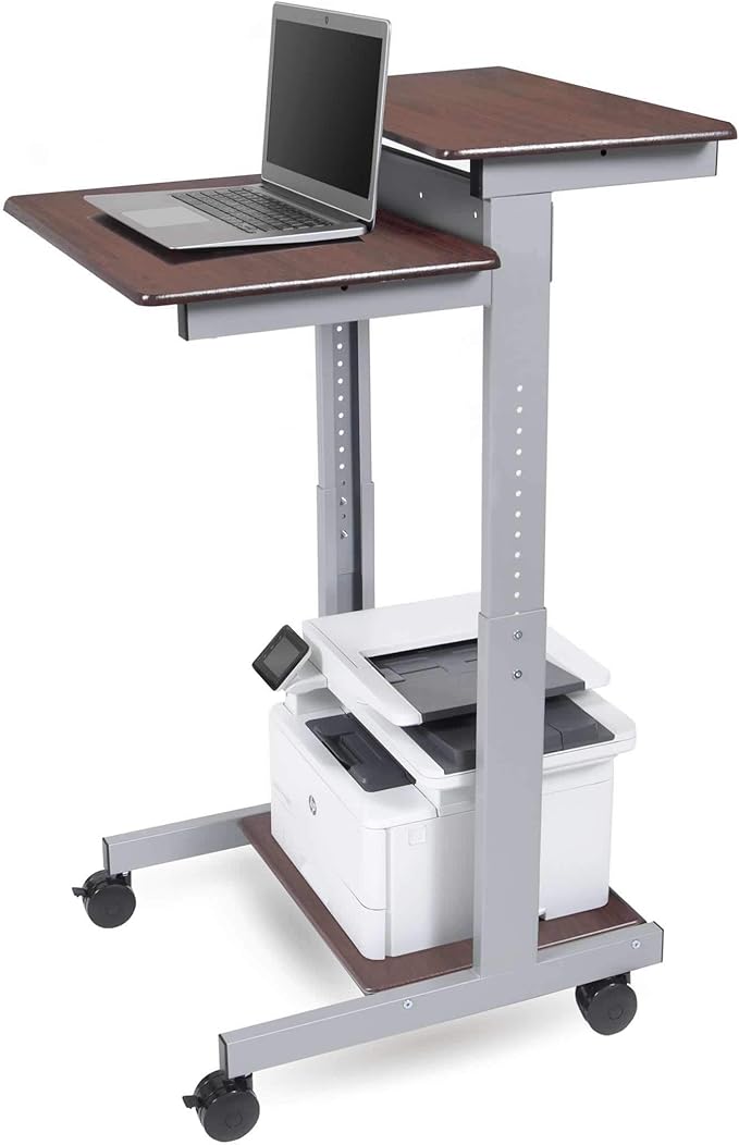 Stand Up Desk Store Rolling Adjustable Height Two Tier Standing Desk Computer Workstation (Silver Frame/Dark Walnut Top, 24" Wide)