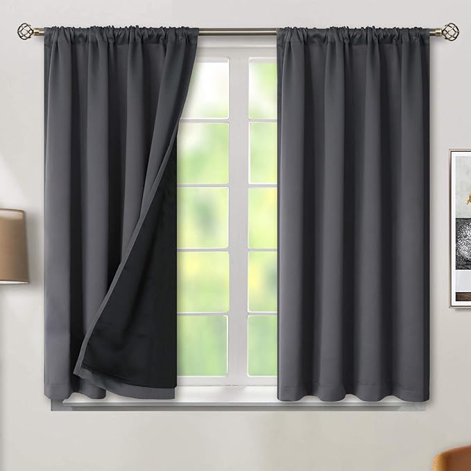 BGment Short Blackout Curtains for Small Window with Black Liner, Full Room Darkening Thermal Insulated Rod Pocket Curtains for Living Room 54 Inch Long, Dark Grey, 2 Panels, 46 Inch Wide