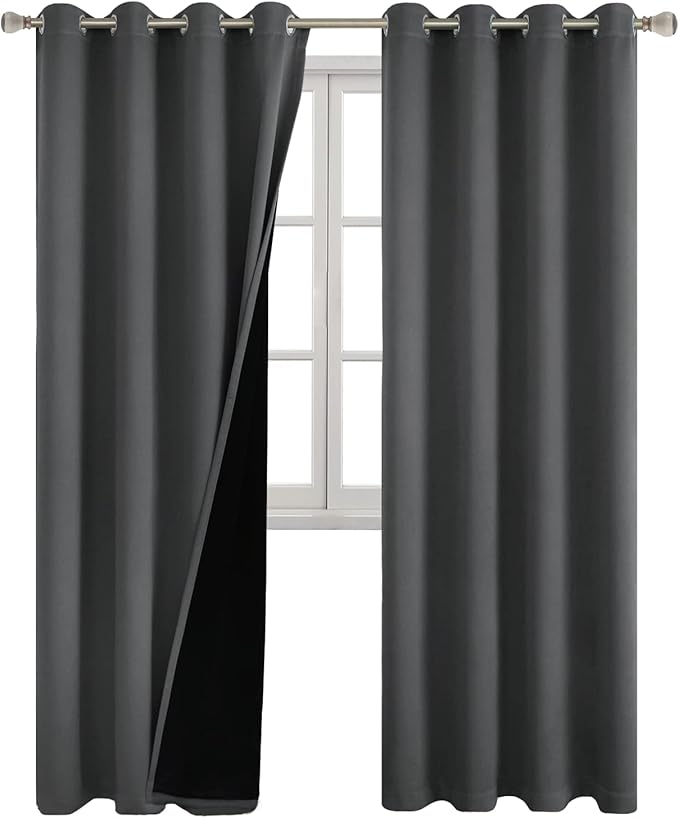 Dark Grey Blackout Curtains 84 Inch Length 2 Panels Set for Living Room, Thermal Insulated 100% Light Blocking Soundproof Grommet Window Curtains for Bedroom with Black Liner, Each 52 Inch Wide