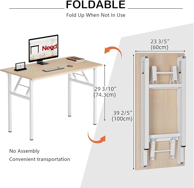 Need Folding Desk for Home Office 39-3/8'' Length Modern Folding Table Computer Desk No Install Needed Pink Oak Color Desktop White Frame, AC5AW(10060)