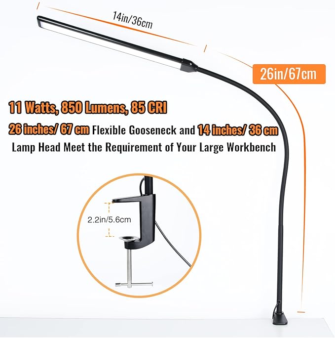 LED Desk Lamp with Clamp, Clamp Light, Tall Desk Lamp with Long Gooseneck, 11W, 850 LMS, 3 Color Modes, 10 Brightness Levels, Eye-Caring, Clip on Desk Light for Reading, Home, Office