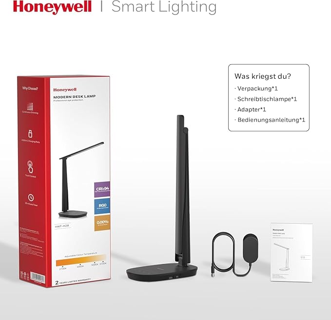 Honeywell Sunturalux™ LED Desk Lamp Dimmable Desk Light with USB A+C Dual Charging Port Eye-Caring Foldable Table Lamp with 4 Color Modes for Home Office Bedroom Reading Study Work HWT-H2B Black