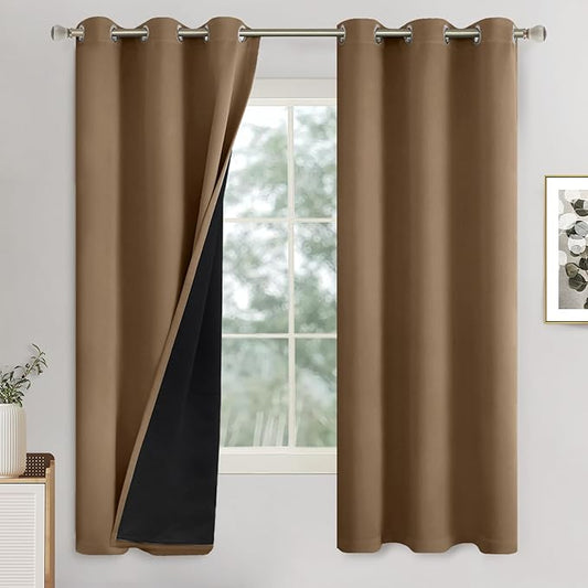 100% Blackout Curtains for Bedroom 63 Inch Long, Short Bedroom Curtains for Window Thermal Insulated Soundproof Room Darkening Curtains, 42 Inch Wide, Taupe