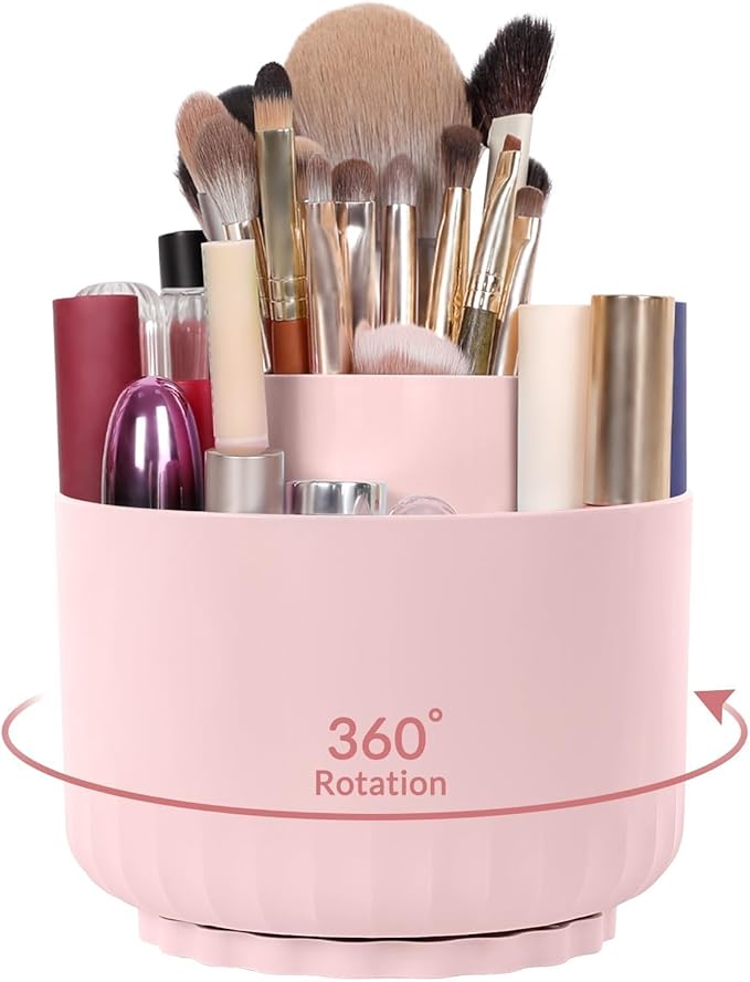 SKYDUE Makeup Organizer, Rotating Pencil Pen Holder for Desk, Dual-Purpose Desk Organizer for Cosmetics & Pens, Makeup Brush Holder with 5 Slots, Pencil Cup for Office, Home