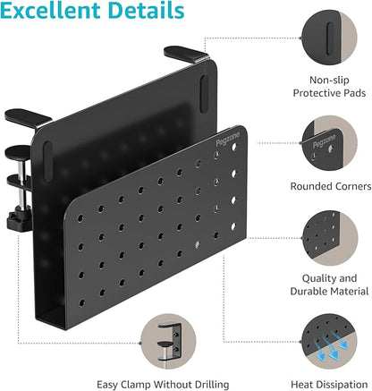 Desk Side Storage Organizer, No Drill Under Desk Laptop Holder, Clamp on Desk Shelf with Pegboard Accessories, Hanging Laptop Mount, Fits Flat Edge Desks 0.4" to 2.2", Black