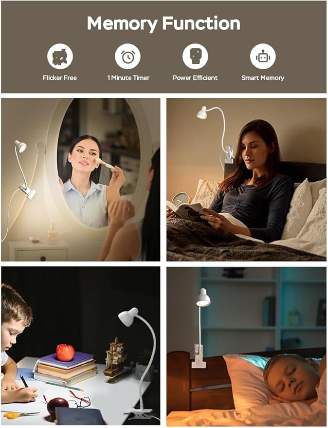 Clip on Lamp USB Reading Light, 3 Color Modes, 10 Brightness Dimmable, Flexible Gooseneck Desk Lamp with Clamp, Eye Care Clip on Light for Bed Desk Headboard Home Dorm White