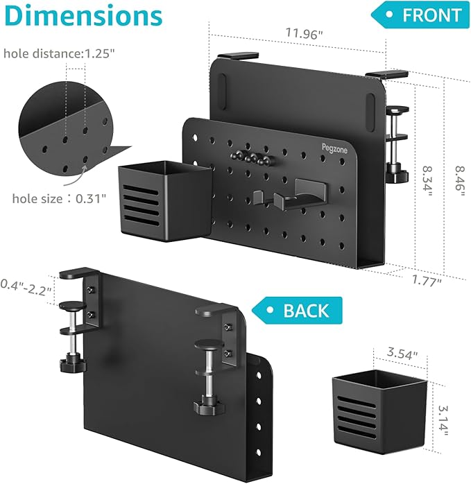 Desk Side Storage Organizer, No Drill Under Desk Laptop Holder, Clamp on Desk Shelf with Pegboard Accessories, Hanging Laptop Mount, Fits Flat Edge Desks 0.4" to 2.2", Black