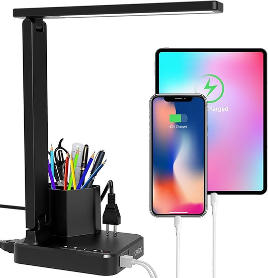 Desk Lamp,Desk Lamps for Home Office,COZOO LED Desk Lamp with 2 USB Charging Ports,2 Pen Holders,1 Outlet,3 Color 3 Brightness Levels,Touch/Memory/Timer,LED Desk Light Small Desk Lamp Kids Study Lamp