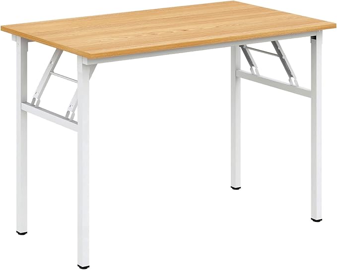 Need Folding Desk for Home Office 39-3/8 inch Length Modern Folding Table Computer Desk No Install Needed Teak Color Desktop White Frame AC5BW(100 * 60)